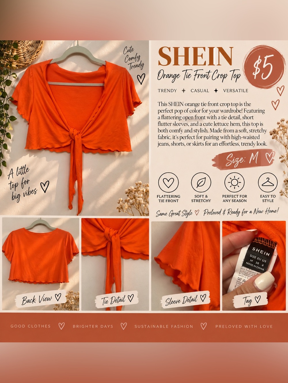SHEIN Bright Orange Tie-Front Crop Top